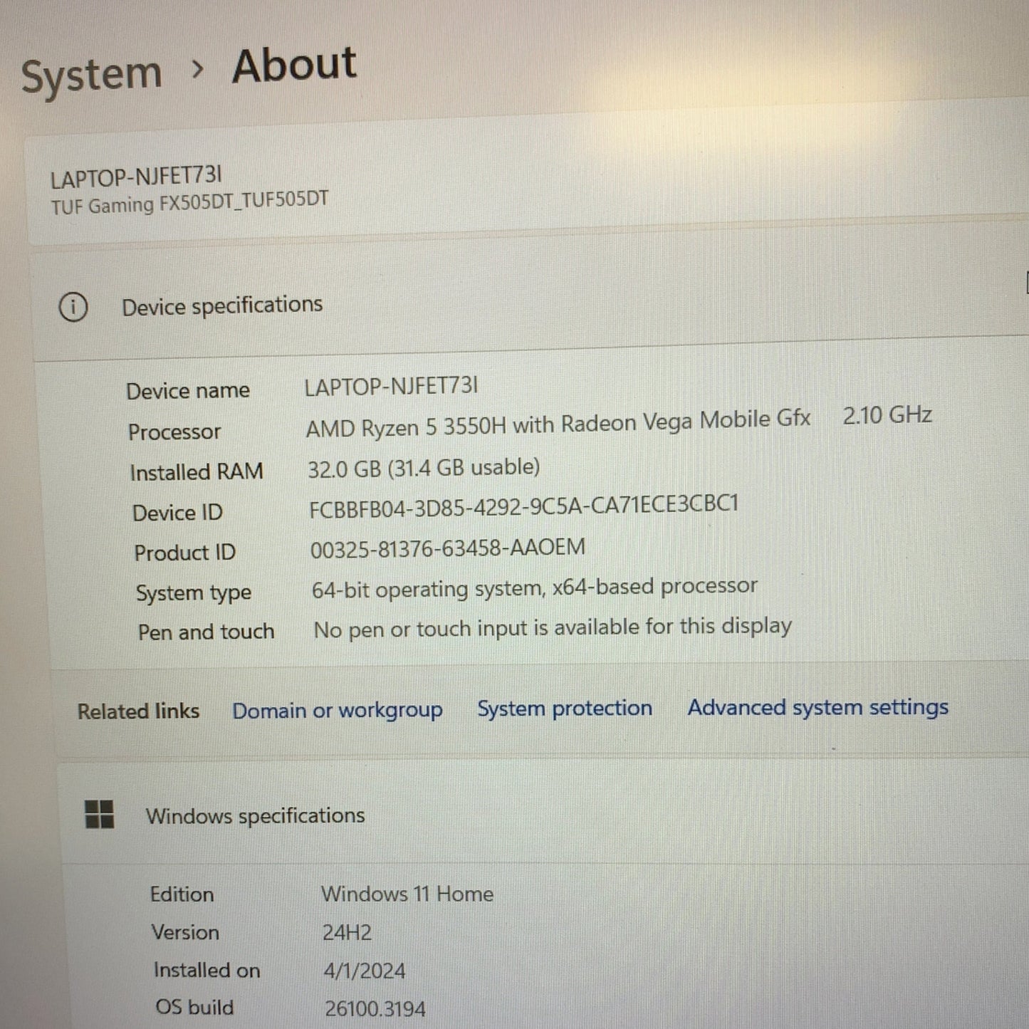 ASUS tuf505D 15.6" Ryzen 5 3550H 2.1GHz 32GB RAM 512GB SSD GeForce GTX 1650
