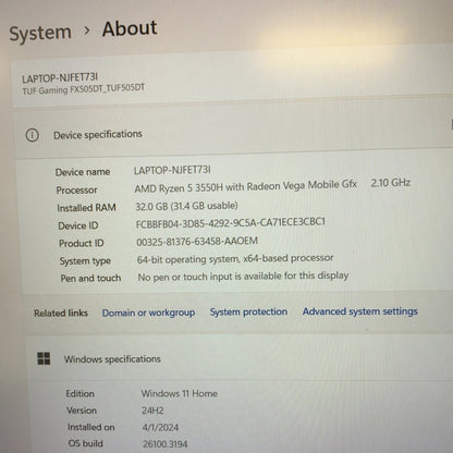 ASUS tuf505D 15.6" Ryzen 5 3550H 2.1GHz 32GB RAM 512GB SSD GeForce GTX 1650