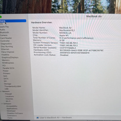 2020 Apple MacBook Air 13.3" M1 7C GPU 3.2GHz 8GB RAM 256GB SSD A2337